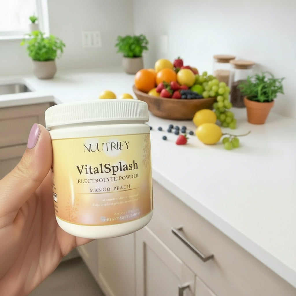 Hand holding a container of Nuutrify VitalSplash Electrolyte Powder on a kitchen counter.